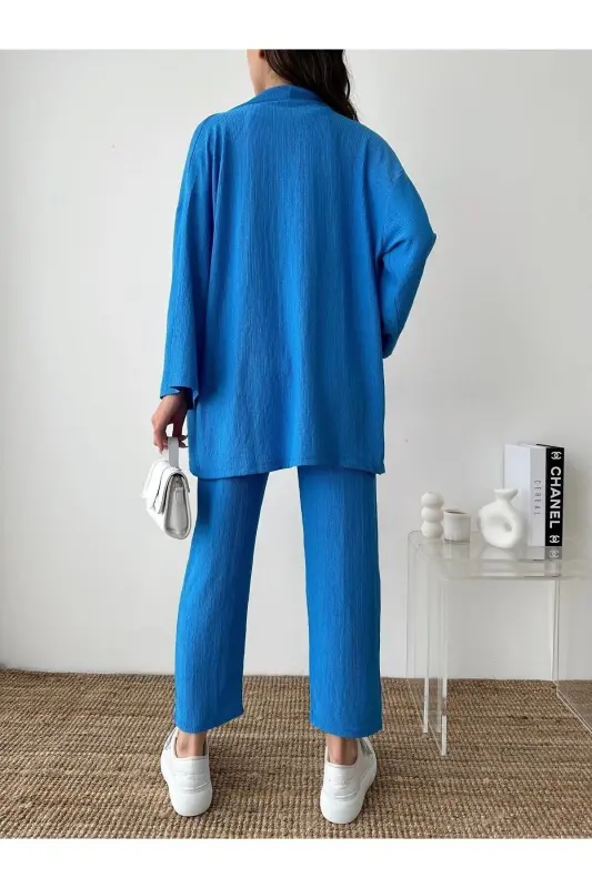 Kadın Mavi Kimono Pantolon Örme Takımı - Mavi - 9
