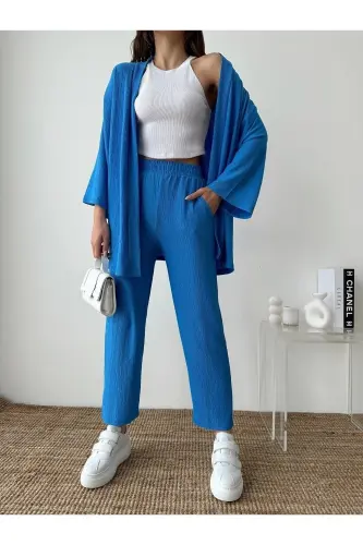 Kadın Mavi Kimono Pantolon Örme Takımı - Mavi - 5