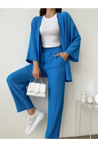 Kadın Mavi Kimono Pantolon Örme Takımı - Mavi - 3