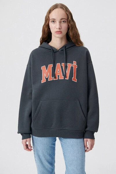 Kadın Mavi Logo Baskılı Kapüşonlu Gri Sweatshirt 1600361-80106 - 2