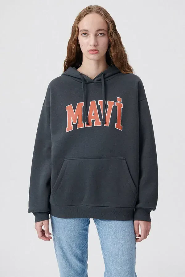 Kadın Mavi Logo Baskılı Kapüşonlu Gri Sweatshirt 1600361-80106 - 2