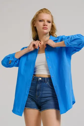 Kadın Mavi Oversize Uzun Basic Gömlek ARM-22Y001118-Mavi - ARMONIKA (1)
