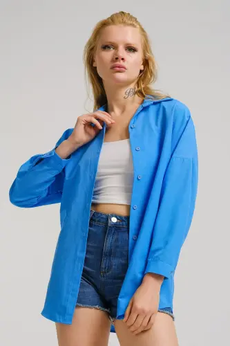 Kadın Mavi Oversize Uzun Basic Gömlek ARM-22Y001118-Mavi - 3