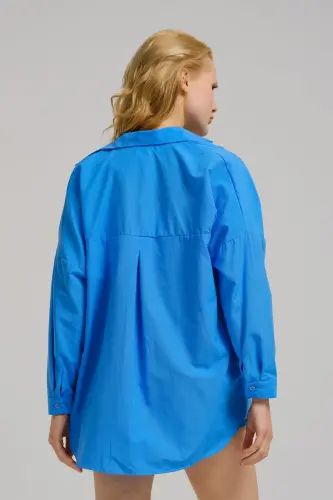 Kadın Mavi Oversize Uzun Basic Gömlek ARM-22Y001118-Mavi - 4