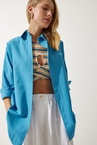 Kadın Mavi Oversize Uzun Basic Gömlek DD00842 - Mavi 