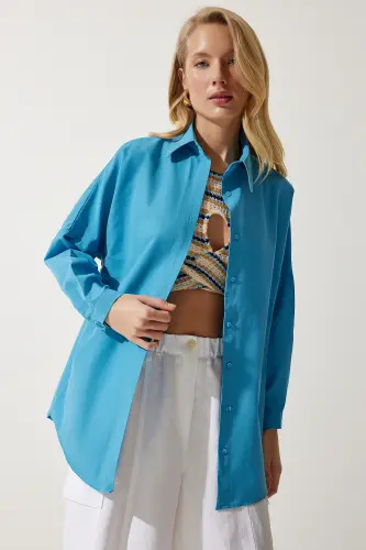 Kadın Mavi Oversize Uzun Basic Gömlek DD00842 - Mavi - 2