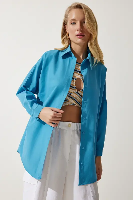 Kadın Mavi Oversize Uzun Basic Gömlek DD00842 - Mavi - 2