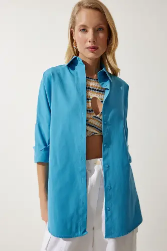 Kadın Mavi Oversize Uzun Basic Gömlek DD00842 - Mavi - 3