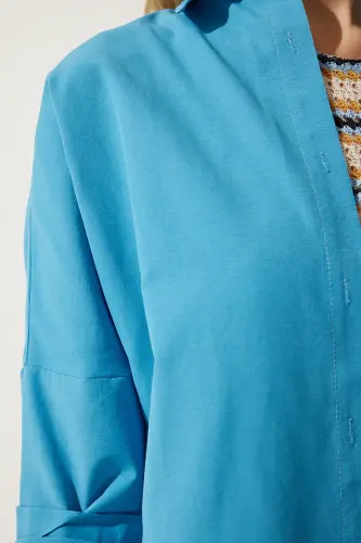Kadın Mavi Oversize Uzun Basic Gömlek DD00842 - Mavi - 4