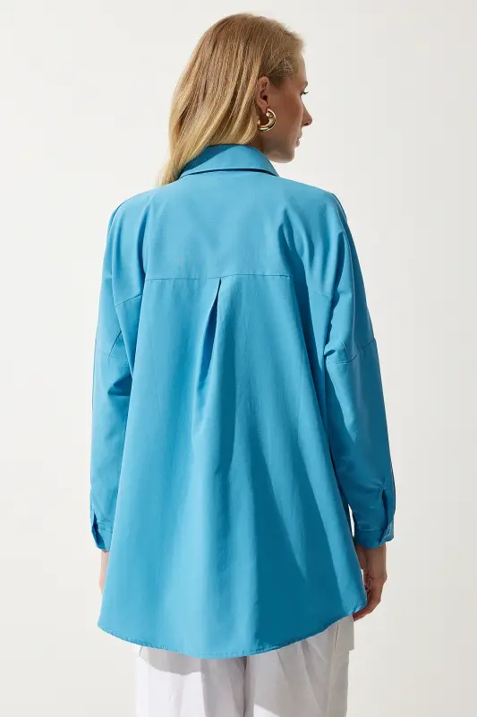 Kadın Mavi Oversize Uzun Basic Gömlek DD00842-Mavi - 5