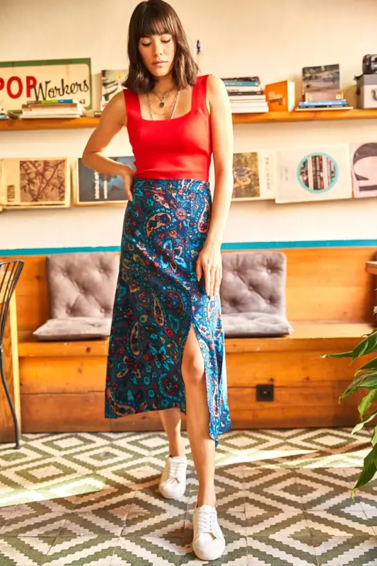 Kadın Mavi Pastel Fermuarlı Yanı Yırtmaçlı Viskon Etek ETK-19000152-Mavi Pastel - 4