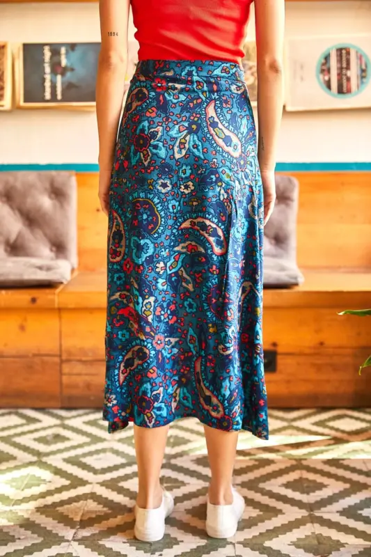 Kadın Mavi Pastel Fermuarlı Yanı Yırtmaçlı Viskon Etek ETK-19000152-Mavi Pastel - 5