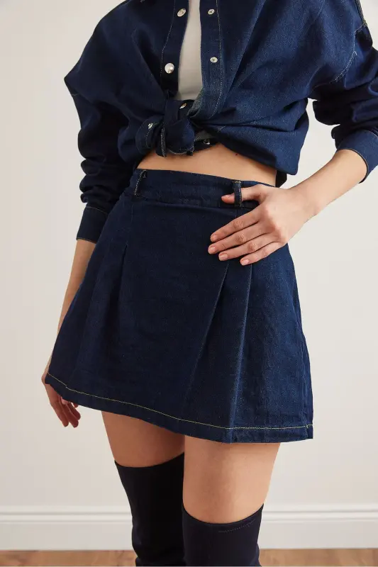 Kadın Mavi Pileli Fermuarlı Mini Denim Etek 9936 ETK-19000305 - Mavi - 3