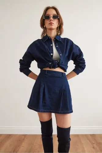 Kadın Mavi Pileli Fermuarlı Mini Denim Etek 9936 ETK-19000305 - Mavi - 5