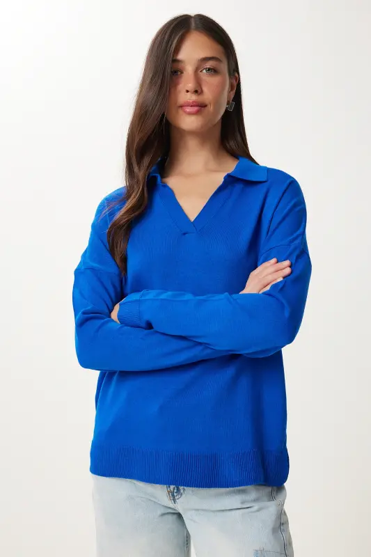 Kadın Mavi Polo Yaka Basic Kazak bv00094 - Mavi - 2
