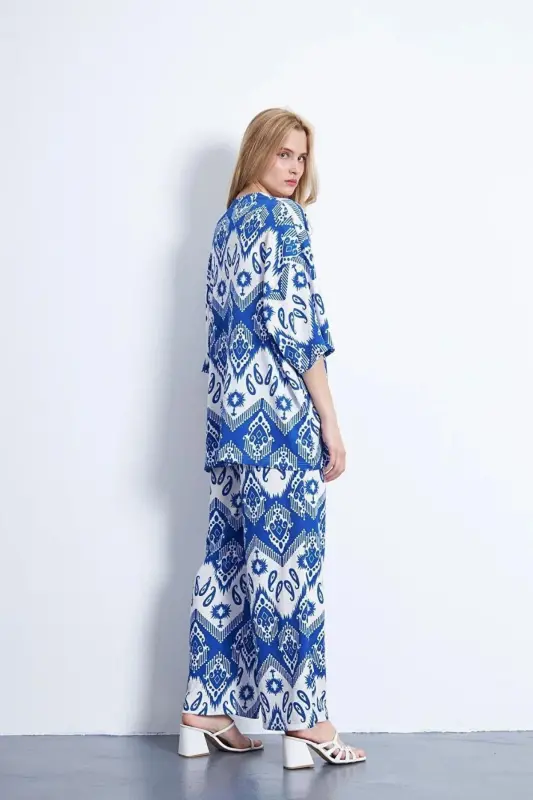 Kadın Mavi Şal desenli Bol Paça Palazzo Alt Üst kimono Takım - SAKSDESENLİ - 2