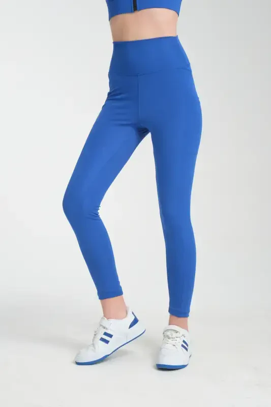 Kadın Mavi Spor Tayt Çift Cepli Sıkılaştırıcı Toparlayıcı Sporcu Taytı Leggings-Mavi - 4
