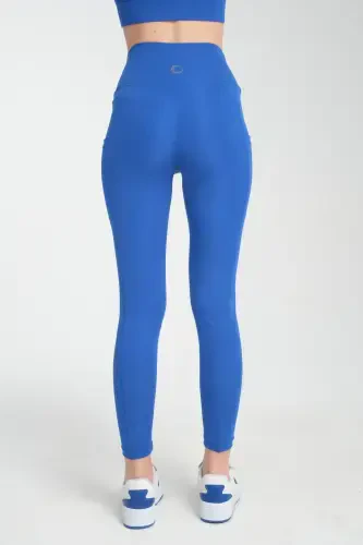 Kadın Mavi Spor Tayt Çift Cepli Sıkılaştırıcı Toparlayıcı Sporcu Taytı Leggings-Mavi - 5