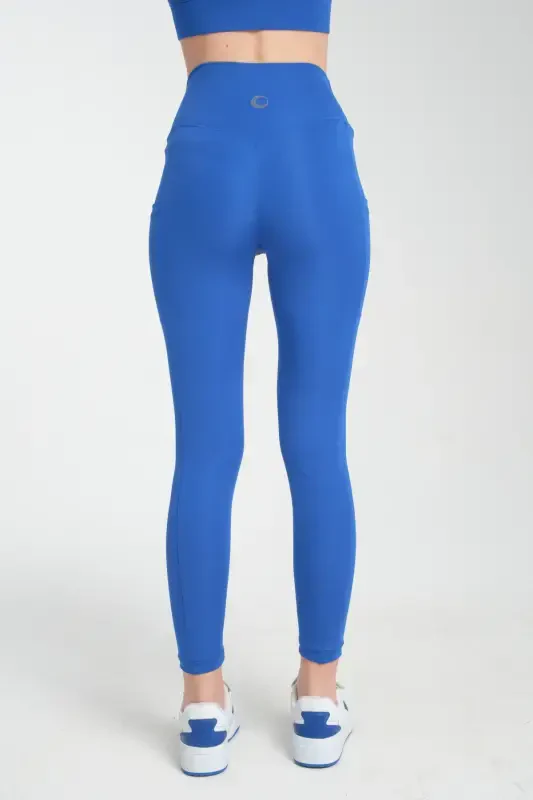 Kadın Mavi Spor Tayt Çift Cepli Sıkılaştırıcı Toparlayıcı Sporcu Taytı Leggings-Mavi - 5