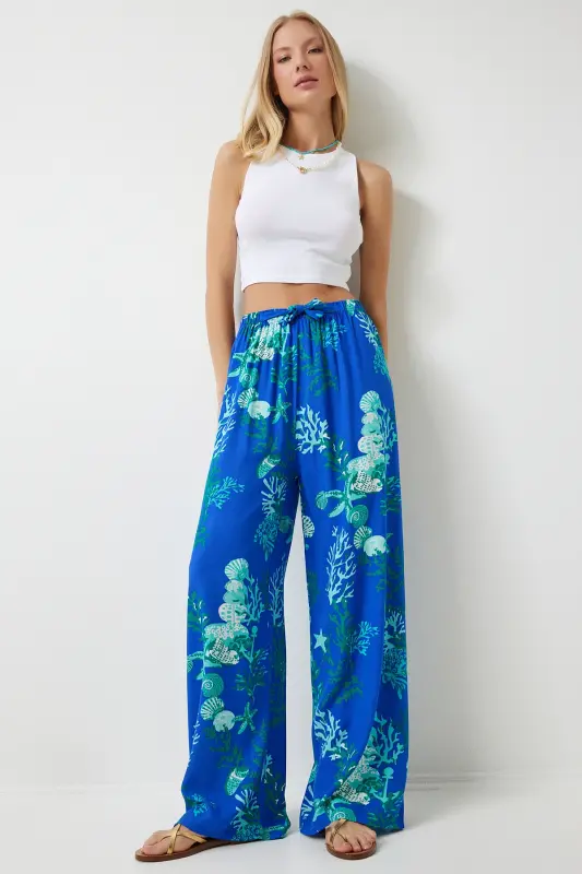 Kadın Mavi Su Yeşili Desenli Dökümlü Viskon Palazzo Pantolon EN00606-Mavi Su Yeşili - 2