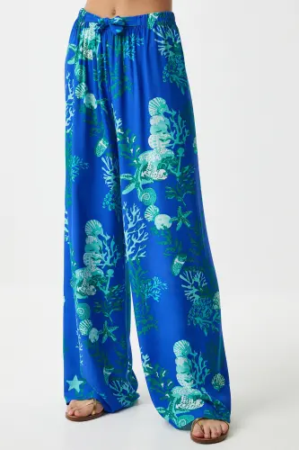 Kadın Mavi Su Yeşili Desenli Dökümlü Viskon Palazzo Pantolon EN00606-Mavi Su Yeşili - 3