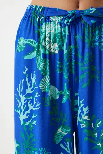 Kadın Mavi Su Yeşili Desenli Dökümlü Viskon Palazzo Pantolon EN00606-Mavi Su Yeşili - 4