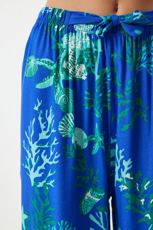 Kadın Mavi Su Yeşili Desenli Dökümlü Viskon Palazzo Pantolon EN00606-Mavi Su Yeşili - 4