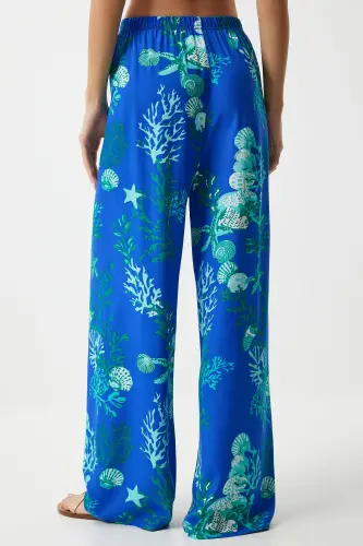 Kadın Mavi Su Yeşili Desenli Dökümlü Viskon Palazzo Pantolon EN00606-Mavi Su Yeşili - 5