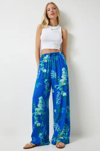 Kadın Mavi Su Yeşili Desenli Dökümlü Viskon Palazzo Pantolon EN00606-Mavi Su Yeşili - HAPPINESS İSTANBUL (1)