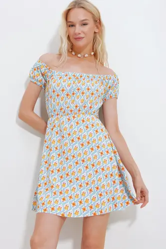 Kadın Mavi-Turuncu Madonna Yaka Karpuz Kollu Desenli Krinkıl Örme Elbise Alc-X10516-MAVİ - 1