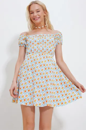 Kadın Mavi-Turuncu Madonna Yaka Karpuz Kollu Desenli Krinkıl Örme Elbise Alc-X10516-MAVİ - 3