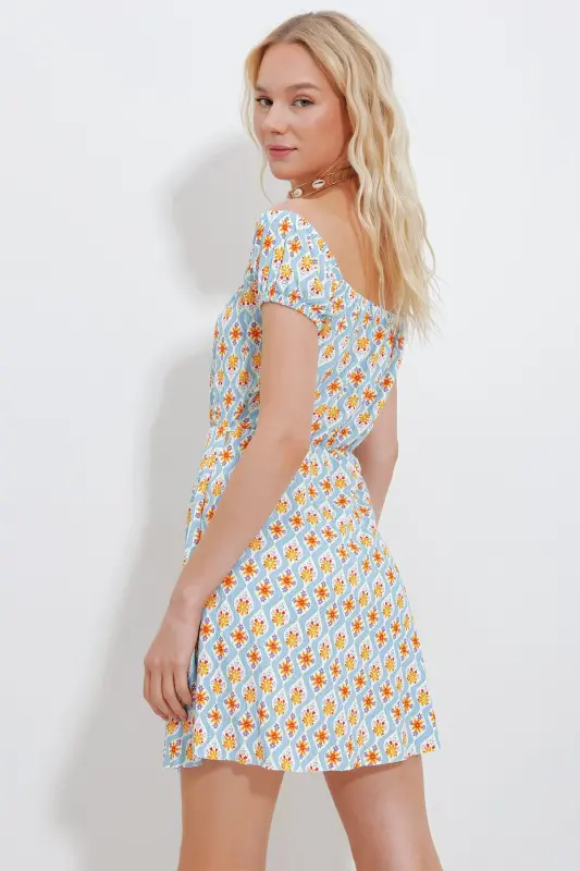 Kadın Mavi-Turuncu Madonna Yaka Karpuz Kollu Desenli Krinkıl Örme Elbise Alc-X10516-MAVİ - 5