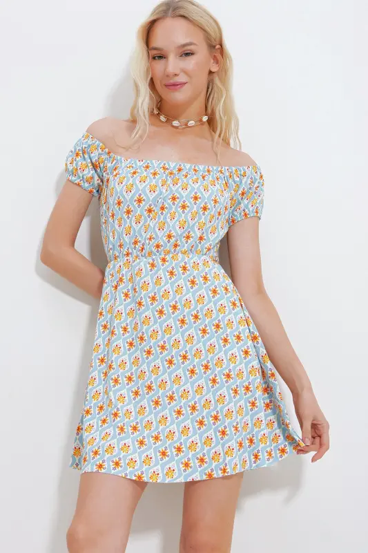 Kadın Mavi-Turuncu Madonna Yaka Karpuz Kollu Desenli Krinkıl Örme Elbise Alc-X10516-MAVİ - TREND ALAÇATI STILI