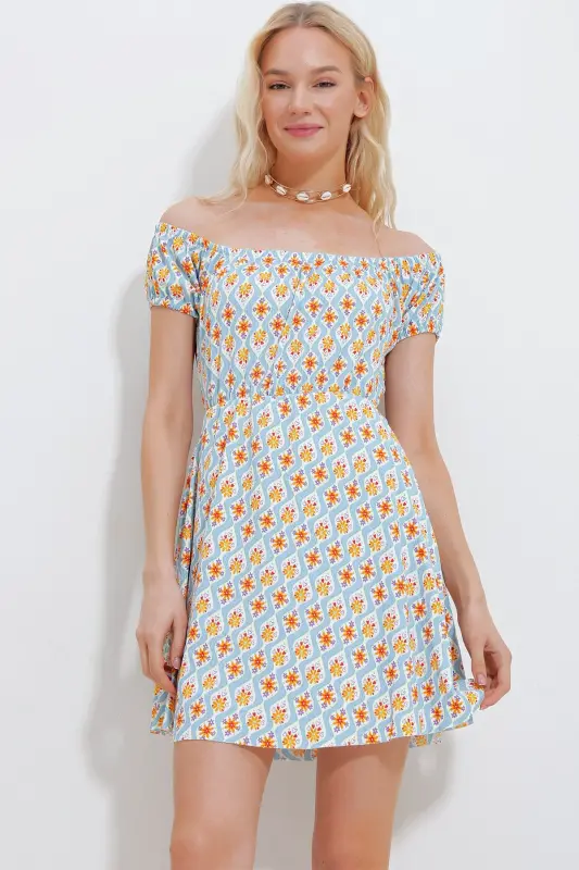 Kadın Mavi-Turuncu Madonna Yaka Karpuz Kollu Desenli Krinkıl Örme Elbise Alc-X10516-MAVİ - 2