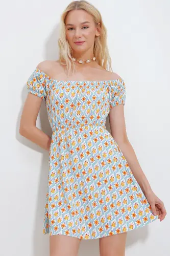 Kadın Mavi-Turuncu Madonna Yaka Karpuz Kollu Desenli Krinkıl Örme Elbise Alc-X10516-MAVİ - 4