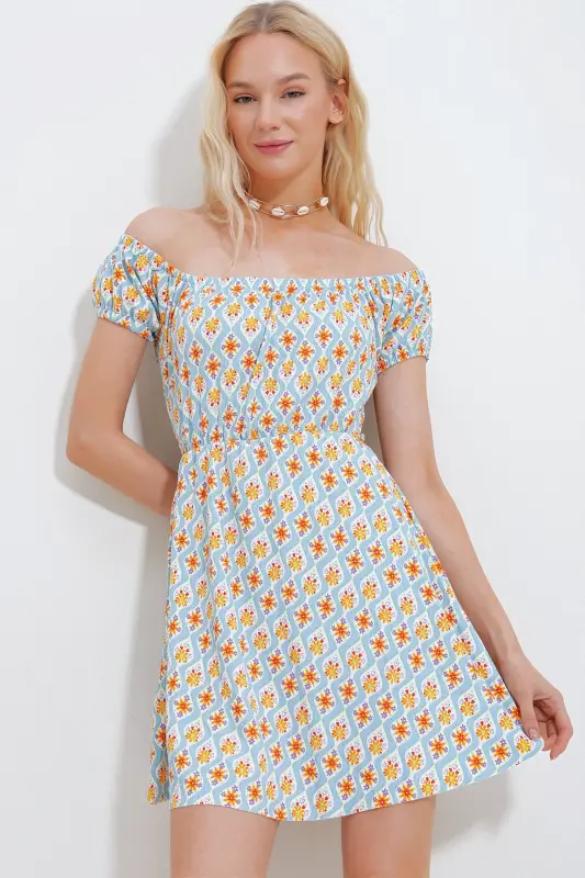 Kadın Mavi-Turuncu Madonna Yaka Karpuz Kollu Desenli Krinkıl Örme Elbise Alc-X10516-MAVİ - 4