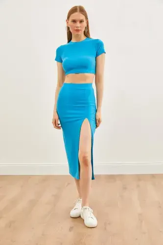 Kadın Mavi Üst Bluz Alt Derin Yırtmaçlı Sandy Takım TKM-19000288-Mavi - 2