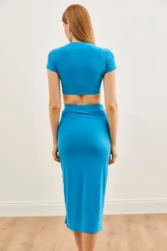 Kadın Mavi Üst Bluz Alt Derin Yırtmaçlı Sandy Takım TKM-19000288-Mavi - 6