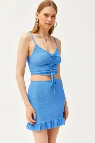 Kadın Mavi Üst Büzgülü Bluz Alt Mini Etek Takım TKM-19000285-Mavi - 3