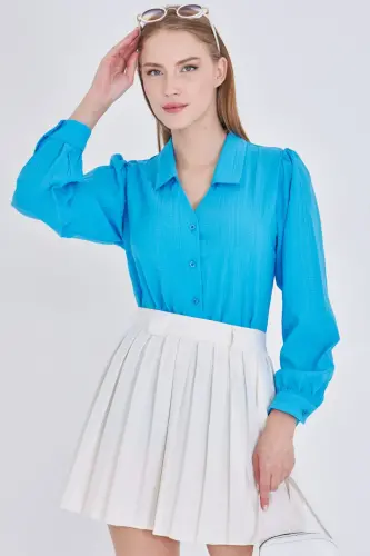 Kadın Mavi V Yaka Balon Kol Bürümcük Gömlek ARM-25K001088 - Mavi - 7