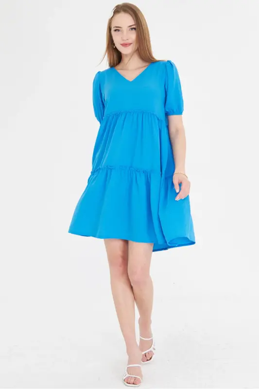 Kadın Mavi V Yaka Kısa Kol Fırfırlı Elbise ARM-25Y001049-Mavi - ARMONIKA