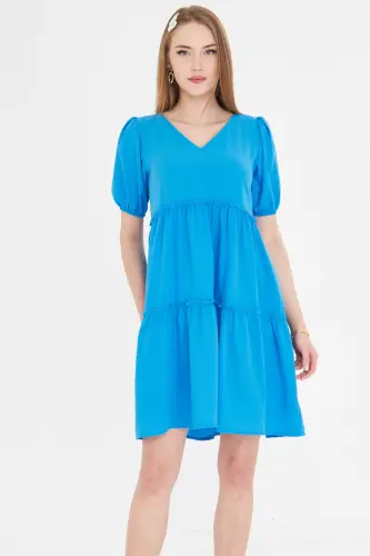 Kadın Mavi V Yaka Kısa Kol Fırfırlı Elbise ARM-25Y001049-Mavi - 3