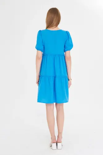 Kadın Mavi V Yaka Kısa Kol Fırfırlı Elbise ARM-25Y001049-Mavi - 4