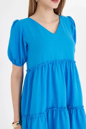Kadın Mavi V Yaka Kısa Kol Fırfırlı Elbise ARM-25Y001049-Mavi - ARMONIKA (1)