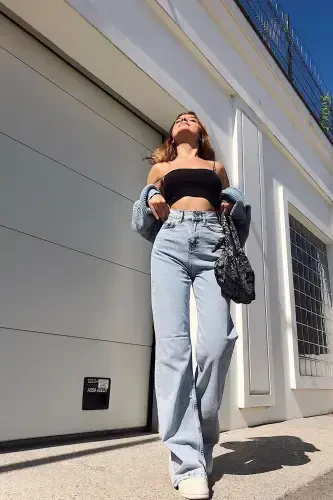 Kadın Mavi Yüksel Bel Bol Paça Jeans-Kar Yıkama - 1