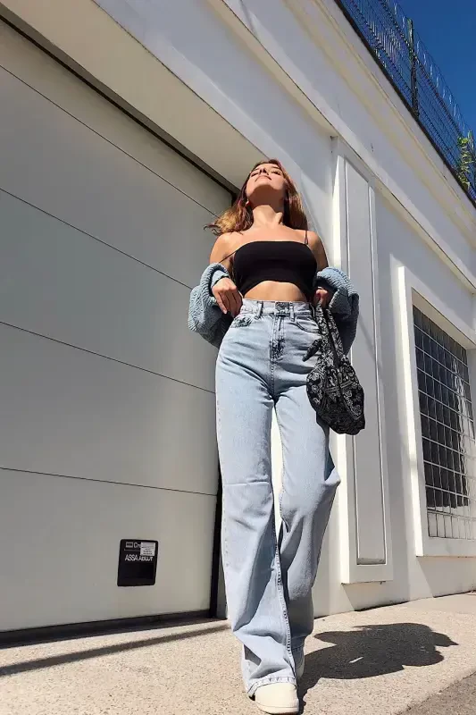 Kadın Mavi Yüksel Bel Bol Paça Jeans-Kar Yıkama - 1