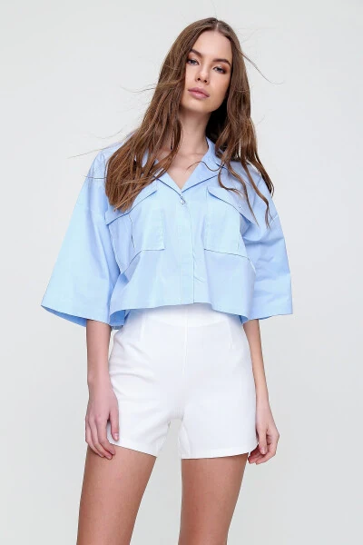 Kadın Mavi Zarf Cepli Crop Poplin Gömlek ALC-X6045-MAVİ - 2
