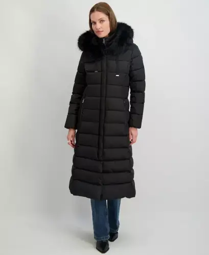 Womens Maxi Shine Bibbed Faux-Fur-Trimmed Hooded Puffer Coat 
