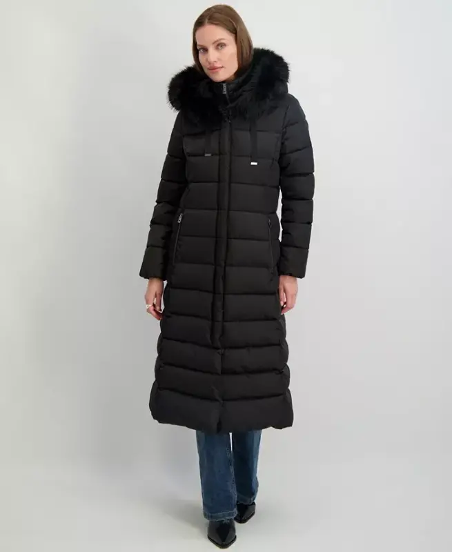 Womens Maxi Shine Bibbed Faux-Fur-Trimmed Hooded Puffer Coat - 1