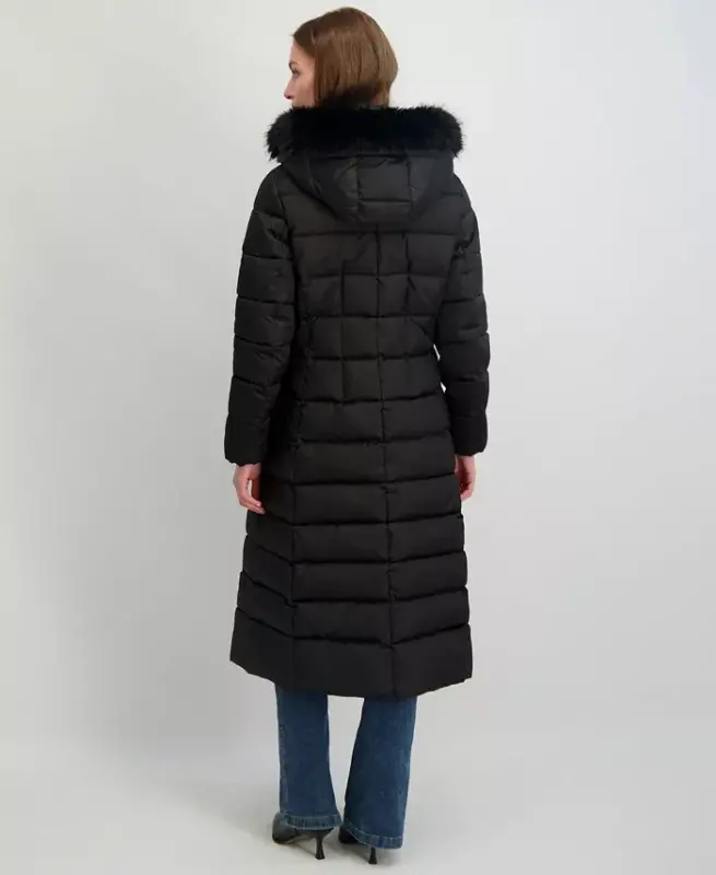 Womens Maxi Shine Bibbed Faux-Fur-Trimmed Hooded Puffer Coat - 2